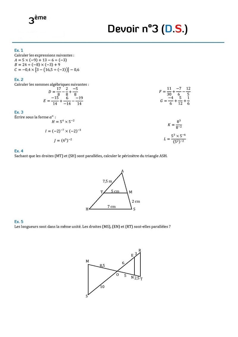 exercice de math 3eme pdf